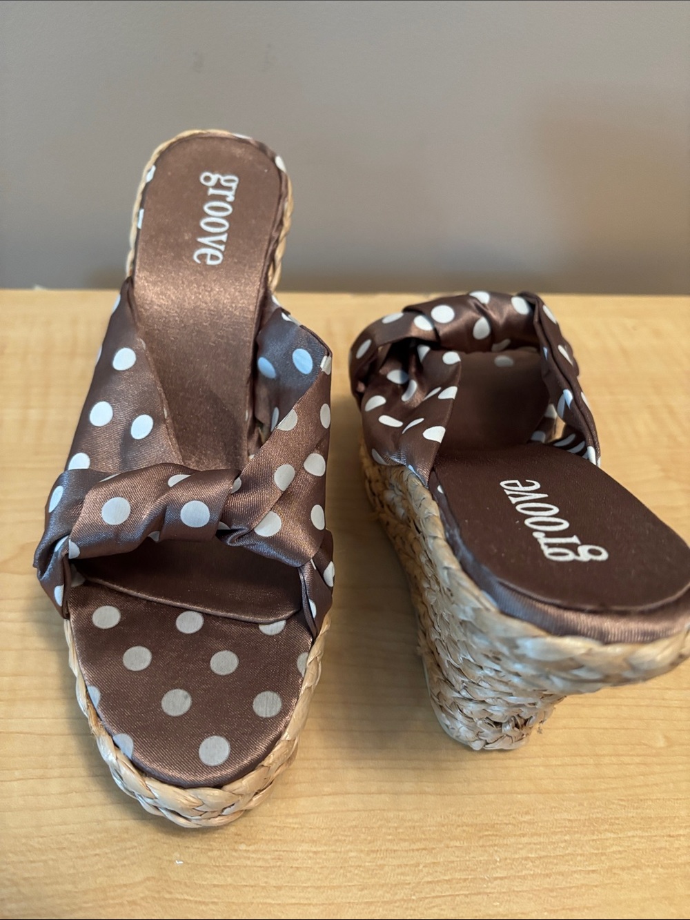 groove Brown and White Satin Polka Dot Braided Wedge Sandals